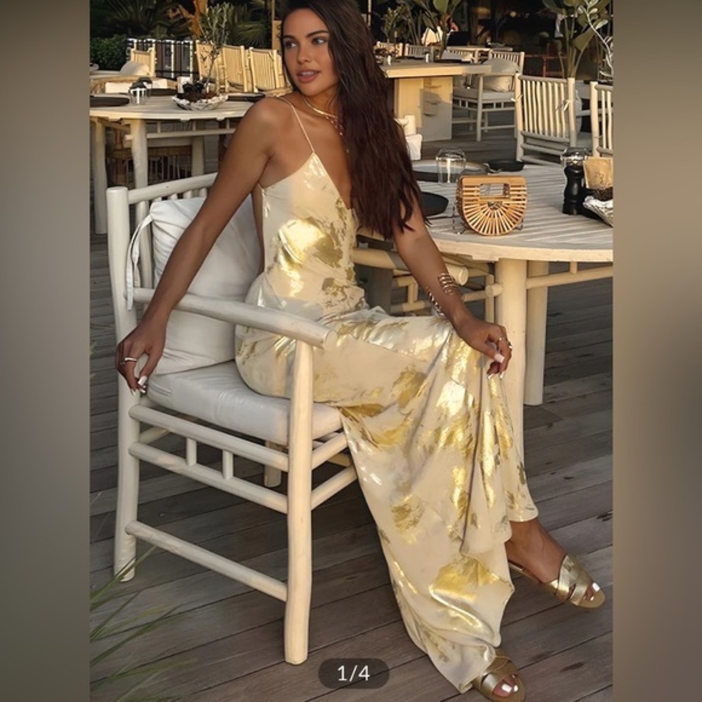 Metallic Print V-Neck Backless Slip Long Dress Commense CM4 size XS